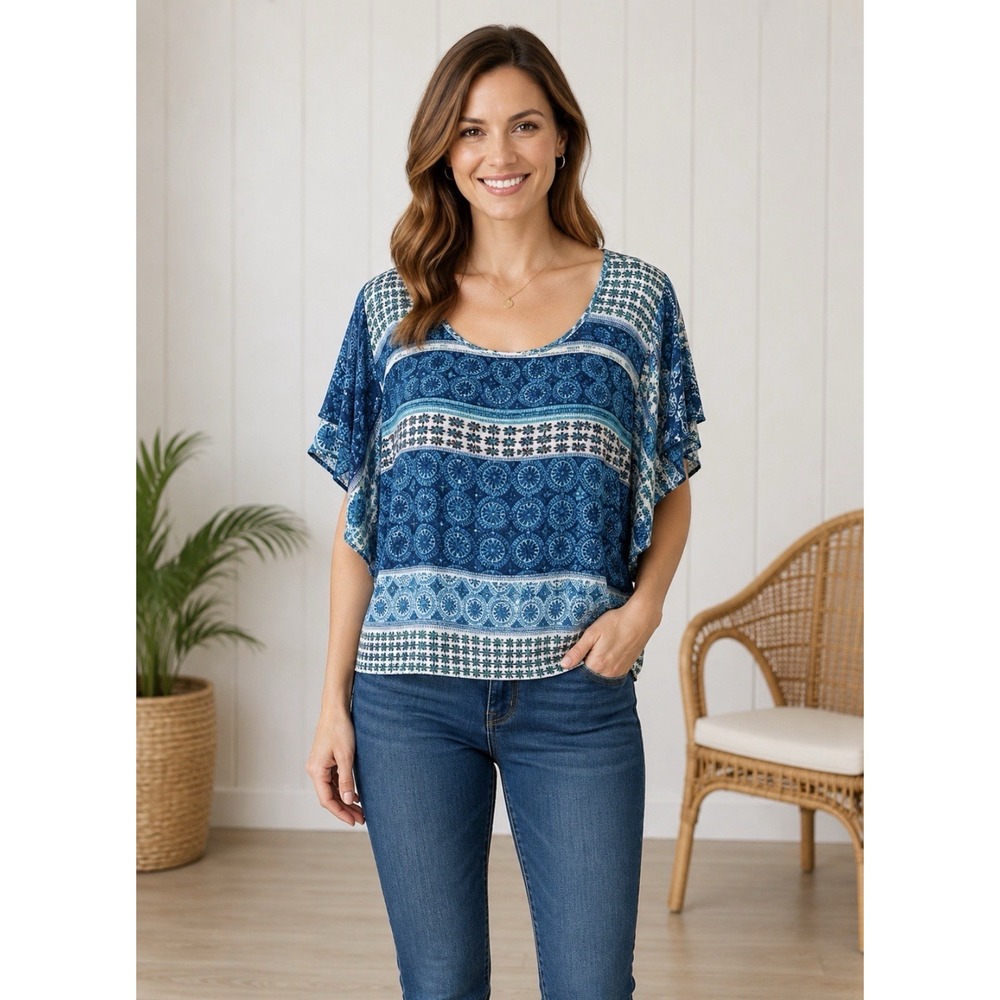 Unity World Wear Top XL Blue Boho Print Flutter Sleeve Tie Sides Layered Flowy